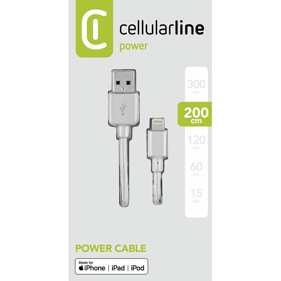 Kabel CELLULARLINE, MFI, USB-A na Lightning, 200cm, Bijeli - Slika 2