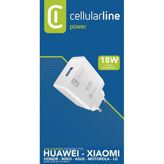 Kućni Punjač CELLULARLINE, Za Huawei/Xiaomi/Motorla 18W, 1xUSB-A, QC 3.0, Bijeli - Slika 2