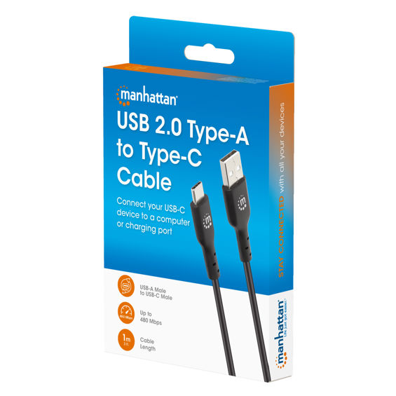 Kabel MANHATTAN 394864, USB Hi-Speed, USB-C (M) na USB-A (M), USB 2.0, 480 Mbps, 3.0A, 1m, Crni - Slika 3