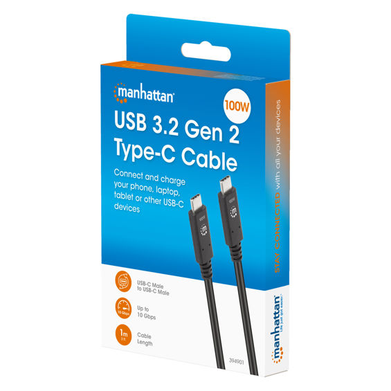 Kabel MANHATTAN 394901, USB-C na USB-C, USB 3.2 Gen 2, 100W, 1m, Crni - Slika 3