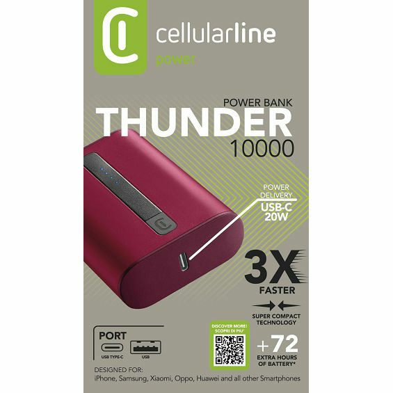 Prijenosna Baterija CELLULARLINE Thunder 10000 mAh, Crvena - Slika 4